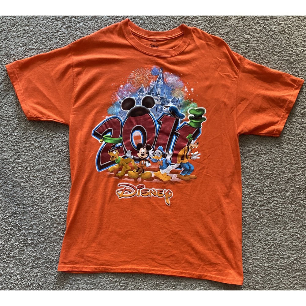 DISNEY 2011 THEME PARK BRIGHT ORANGE T SHIRT Mickey, Goofy, Donald, Pluto Sz L